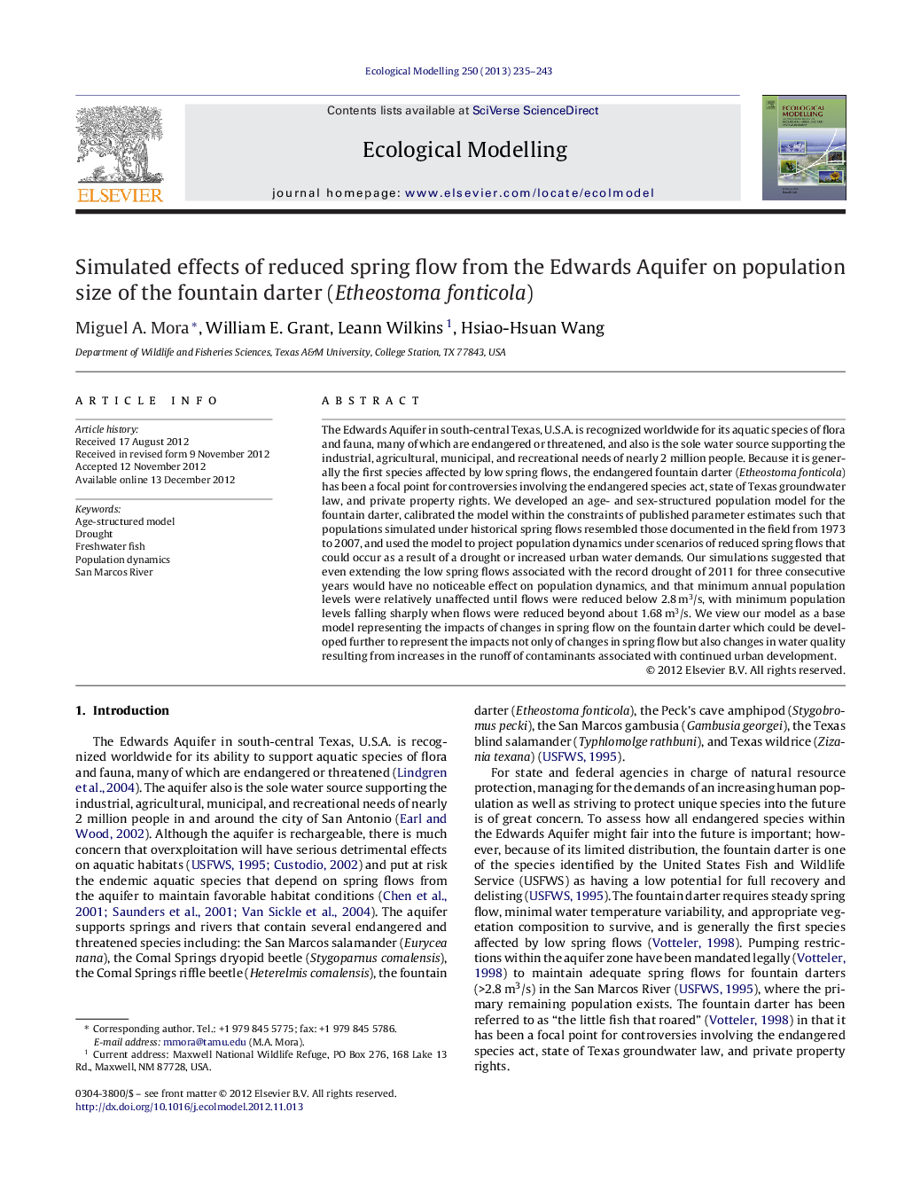 Simulated effects of reduced spring flow from the Edwards Aquifer on population size of the fountain darter (Etheostoma fonticola)