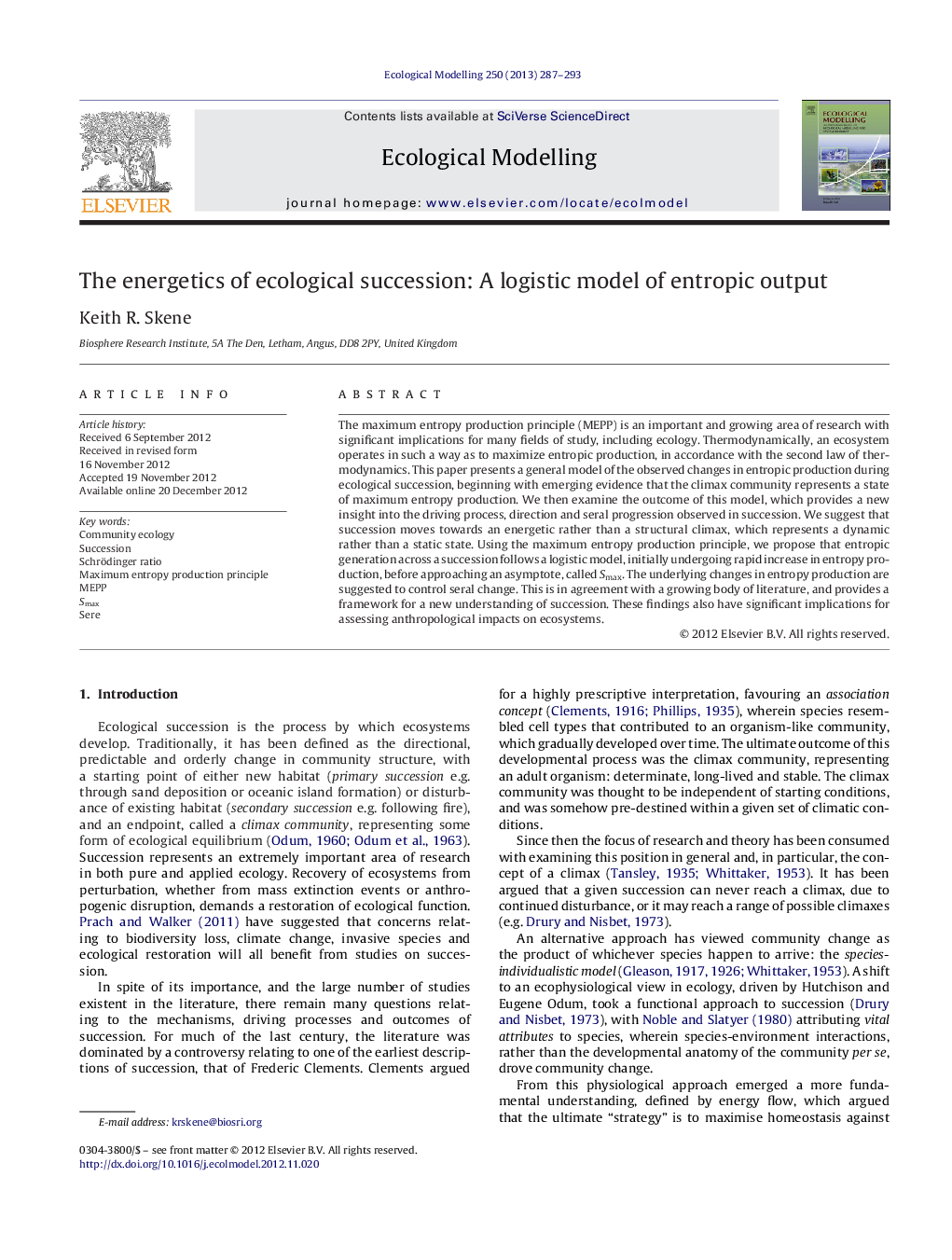 The energetics of ecological succession: A logistic model of entropic output