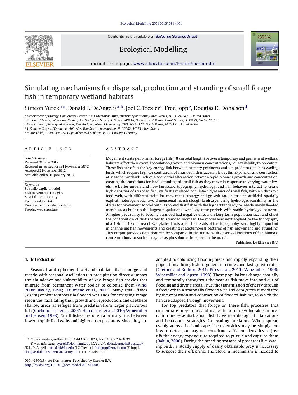 Simulating mechanisms for dispersal, production and stranding of small forage fish in temporary wetland habitats