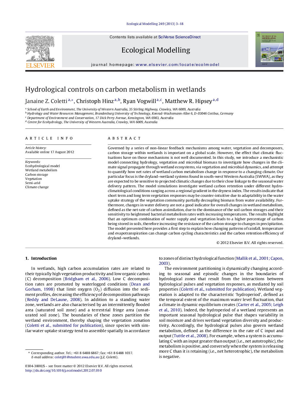 Hydrological controls on carbon metabolism in wetlands