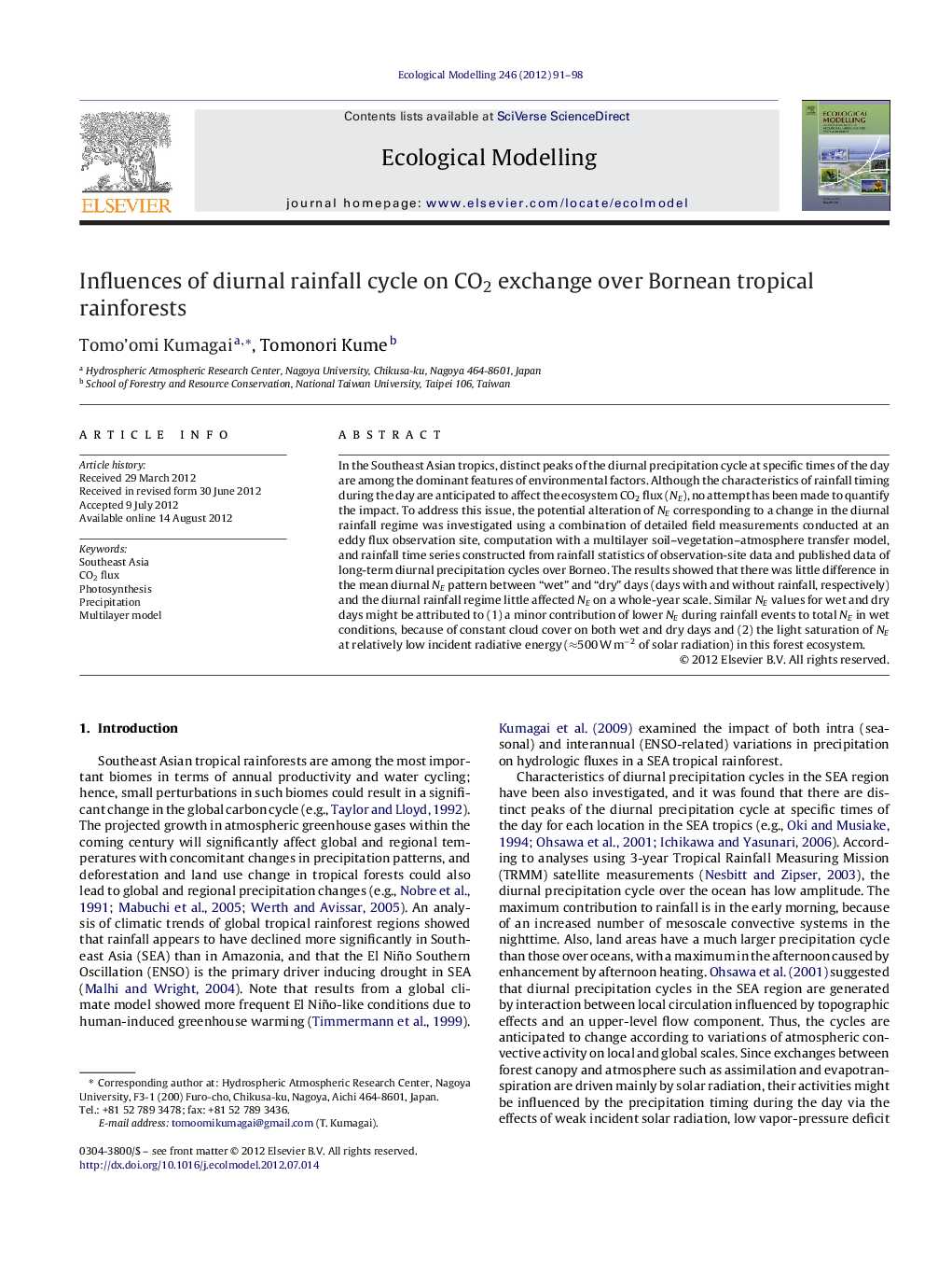 Influences of diurnal rainfall cycle on CO2 exchange over Bornean tropical rainforests