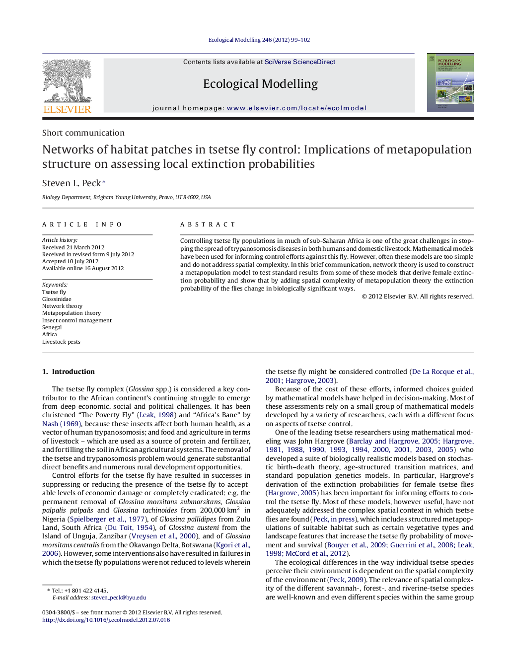 Networks of habitat patches in tsetse fly control: Implications of metapopulation structure on assessing local extinction probabilities