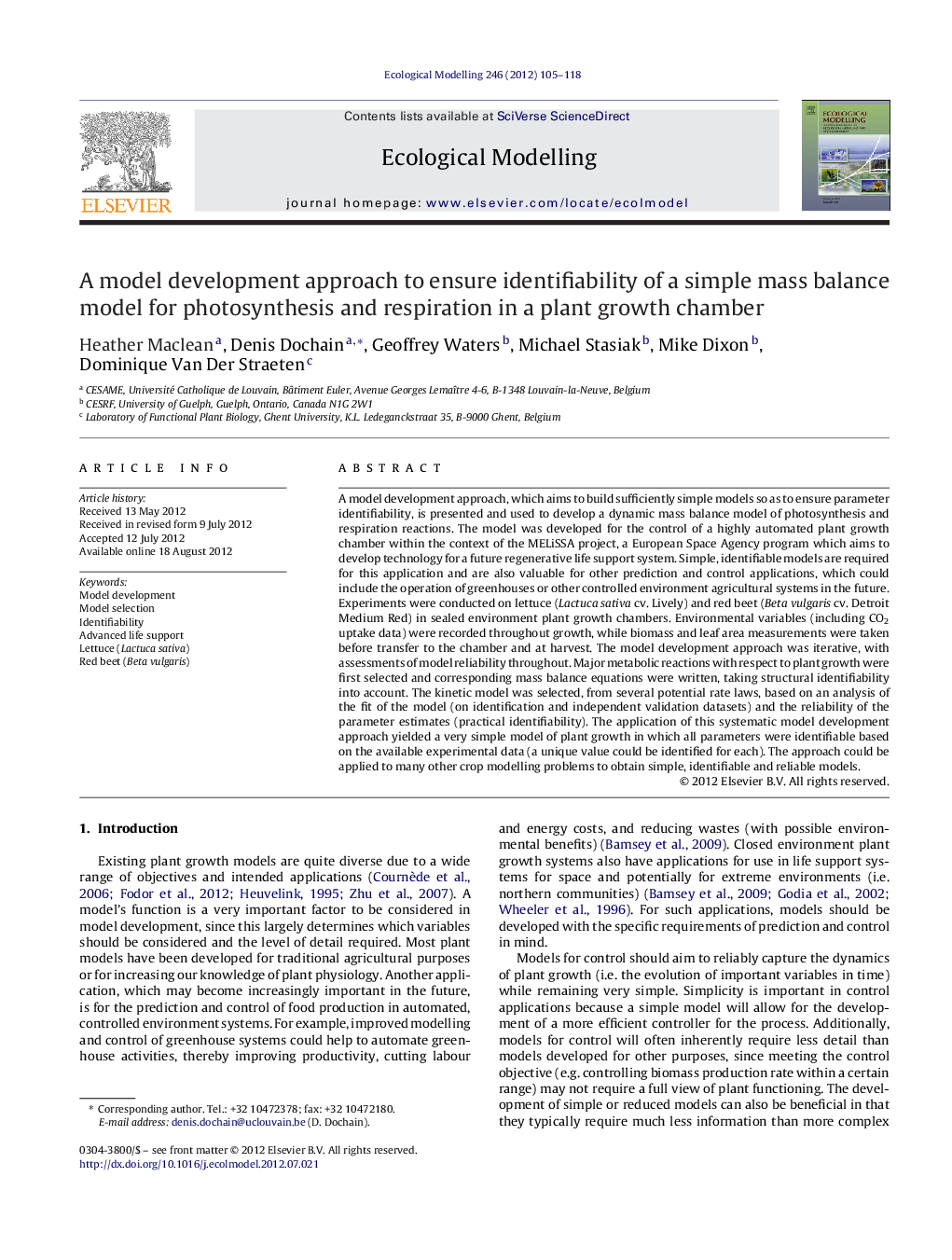 A model development approach to ensure identifiability of a simple mass balance model for photosynthesis and respiration in a plant growth chamber