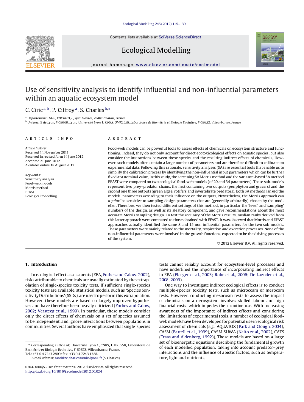 Use of sensitivity analysis to identify influential and non-influential parameters within an aquatic ecosystem model