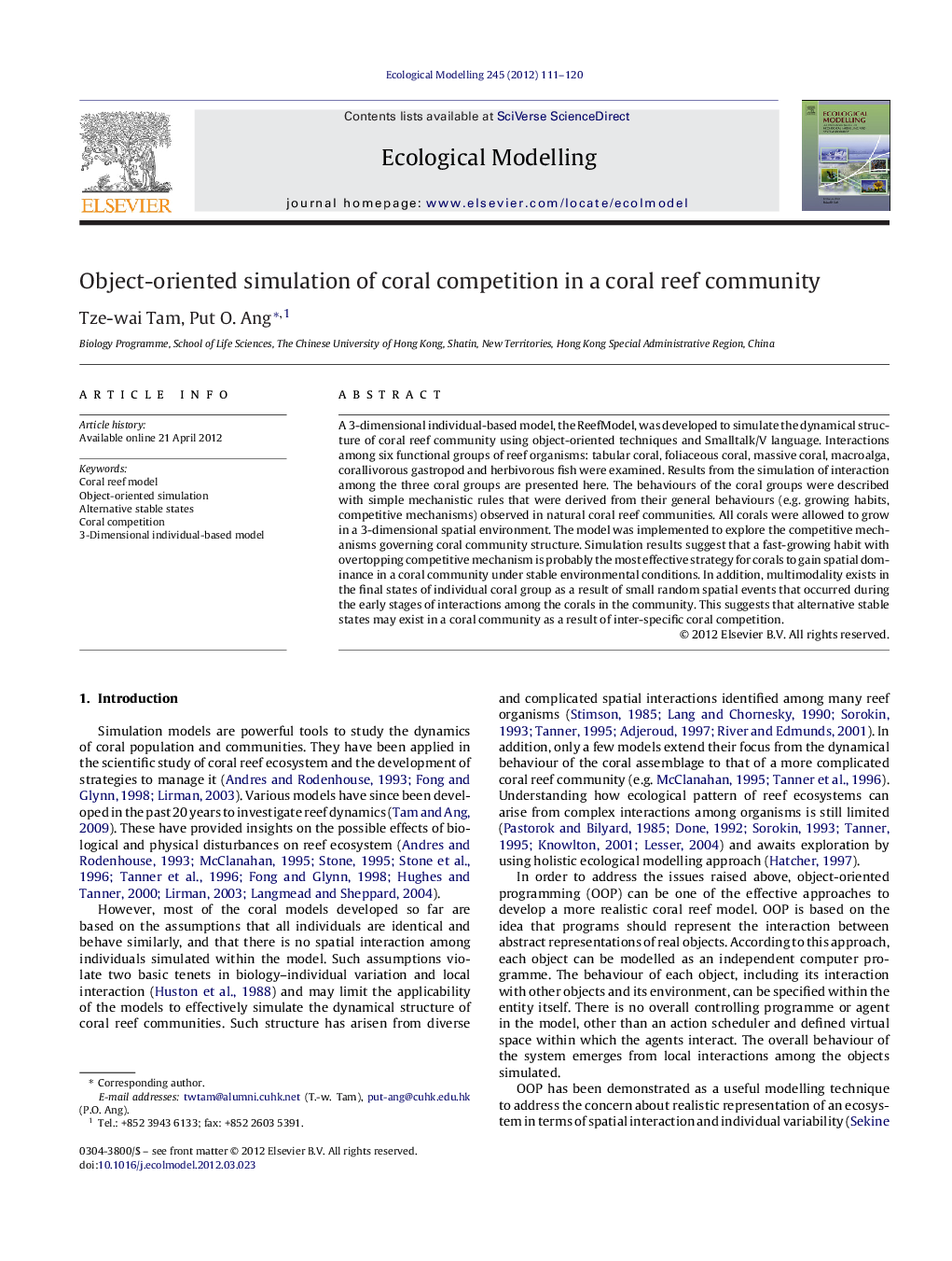 Object-oriented simulation of coral competition in a coral reef community