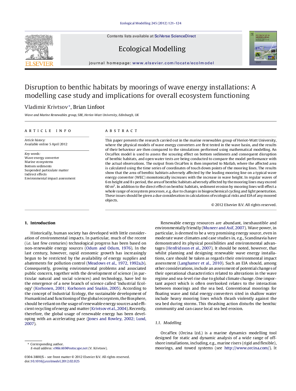 Disruption to benthic habitats by moorings of wave energy installations: A modelling case study and implications for overall ecosystem functioning