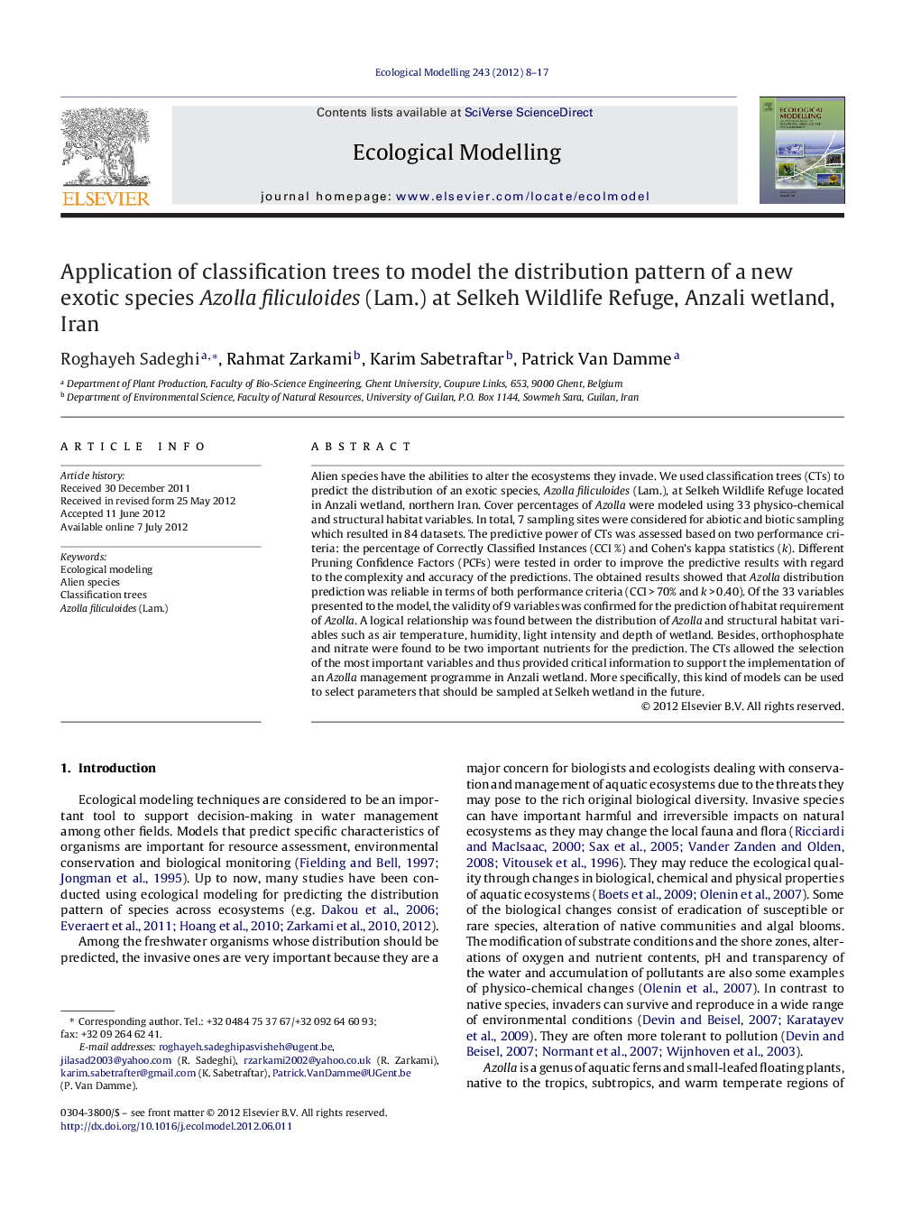 Application of classification trees to model the distribution pattern of a new exotic species Azolla filiculoides (Lam.) at Selkeh Wildlife Refuge, Anzali wetland, Iran