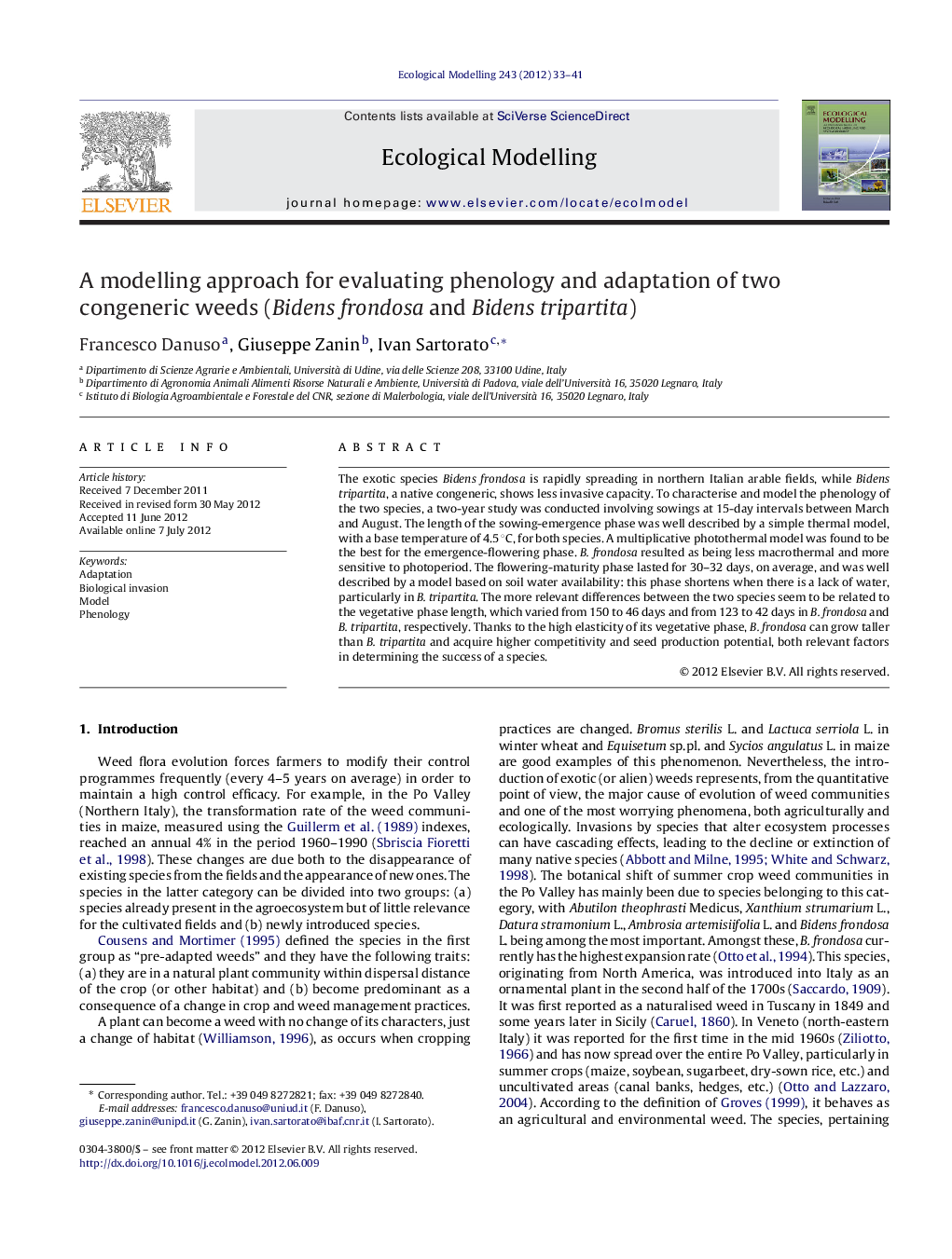 A modelling approach for evaluating phenology and adaptation of two congeneric weeds (Bidens frondosa and Bidens tripartita)