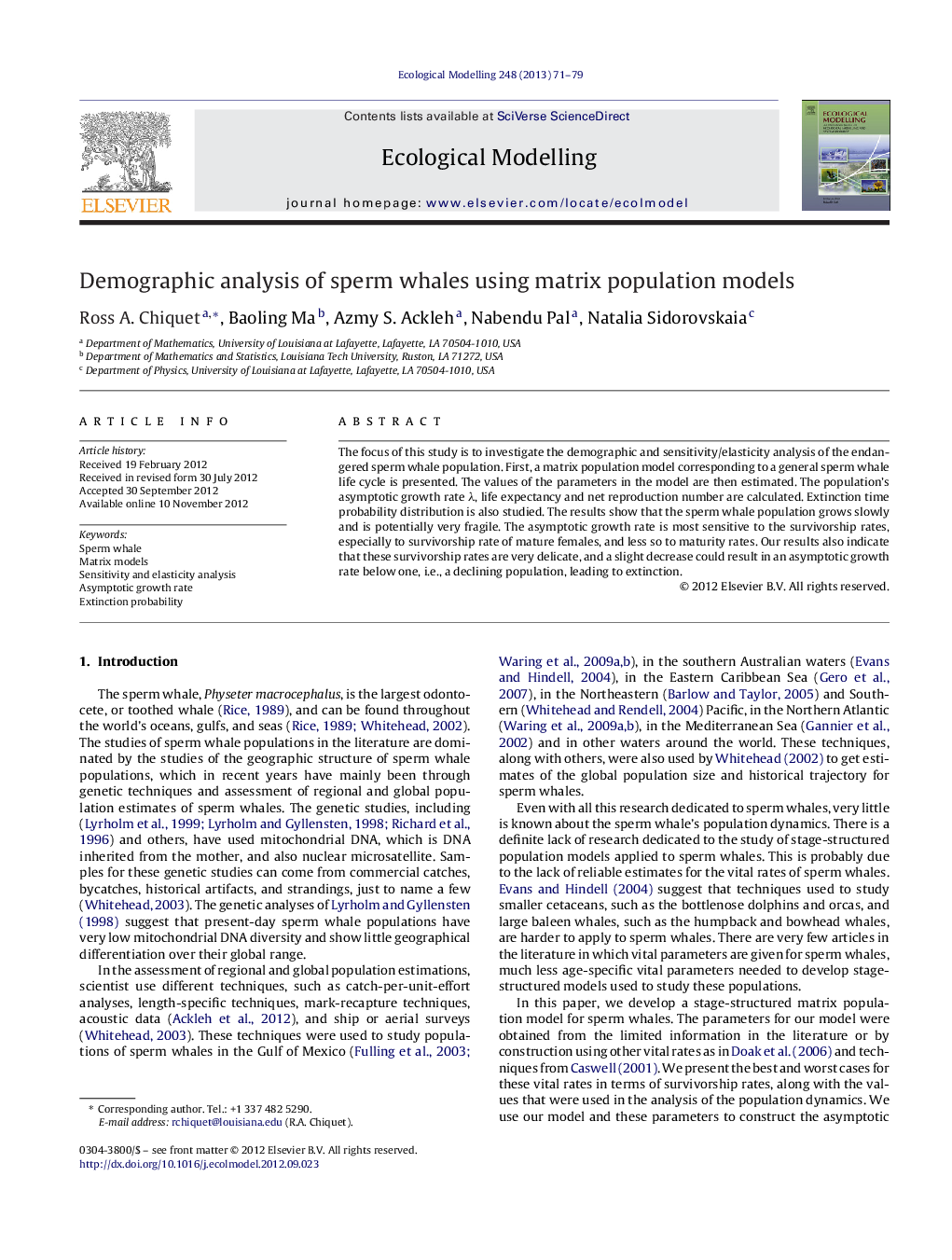 Demographic analysis of sperm whales using matrix population models