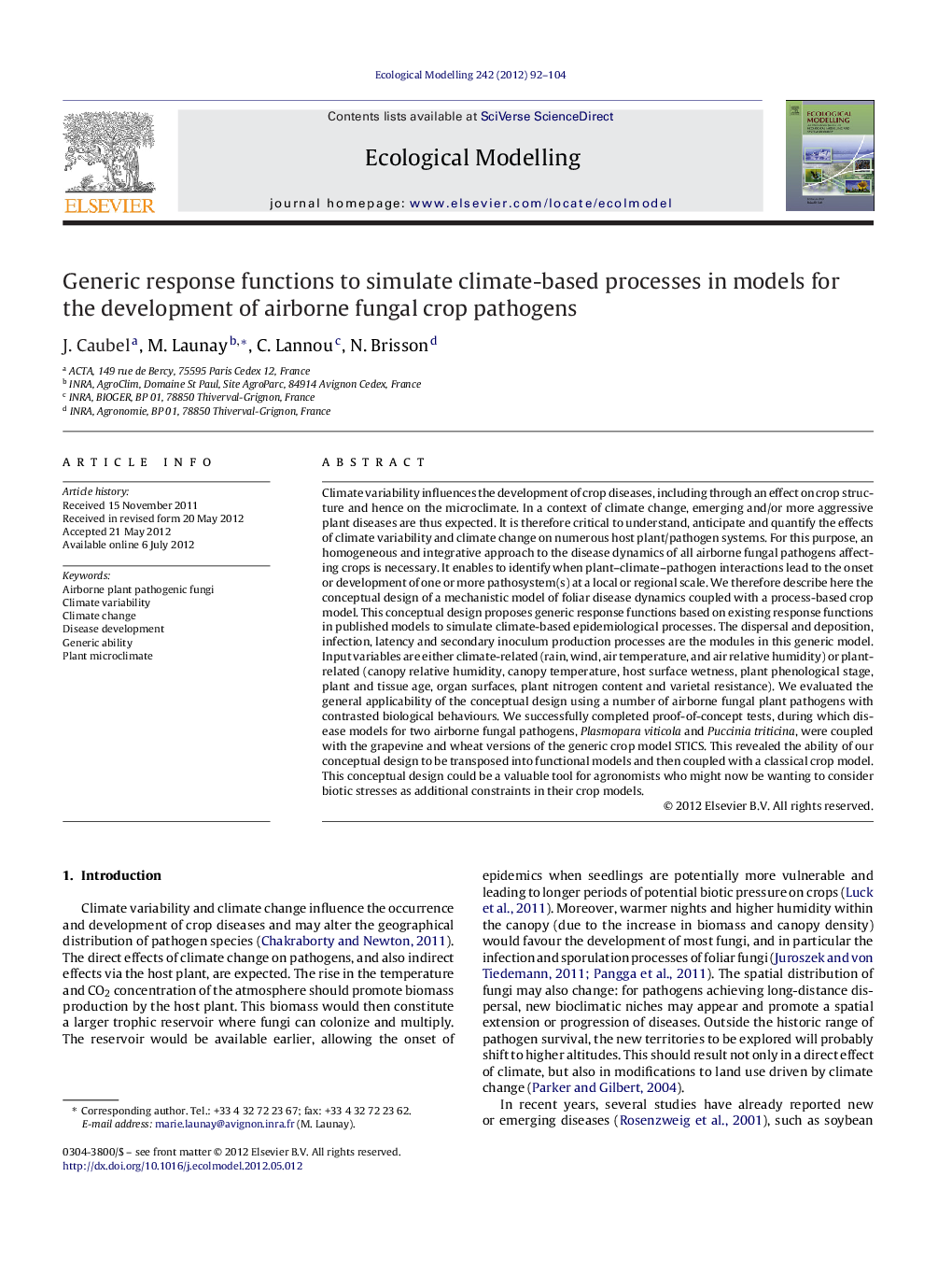 Generic response functions to simulate climate-based processes in models for the development of airborne fungal crop pathogens