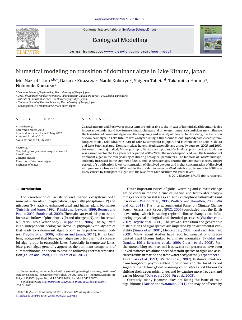 Numerical modeling on transition of dominant algae in Lake Kitaura, Japan