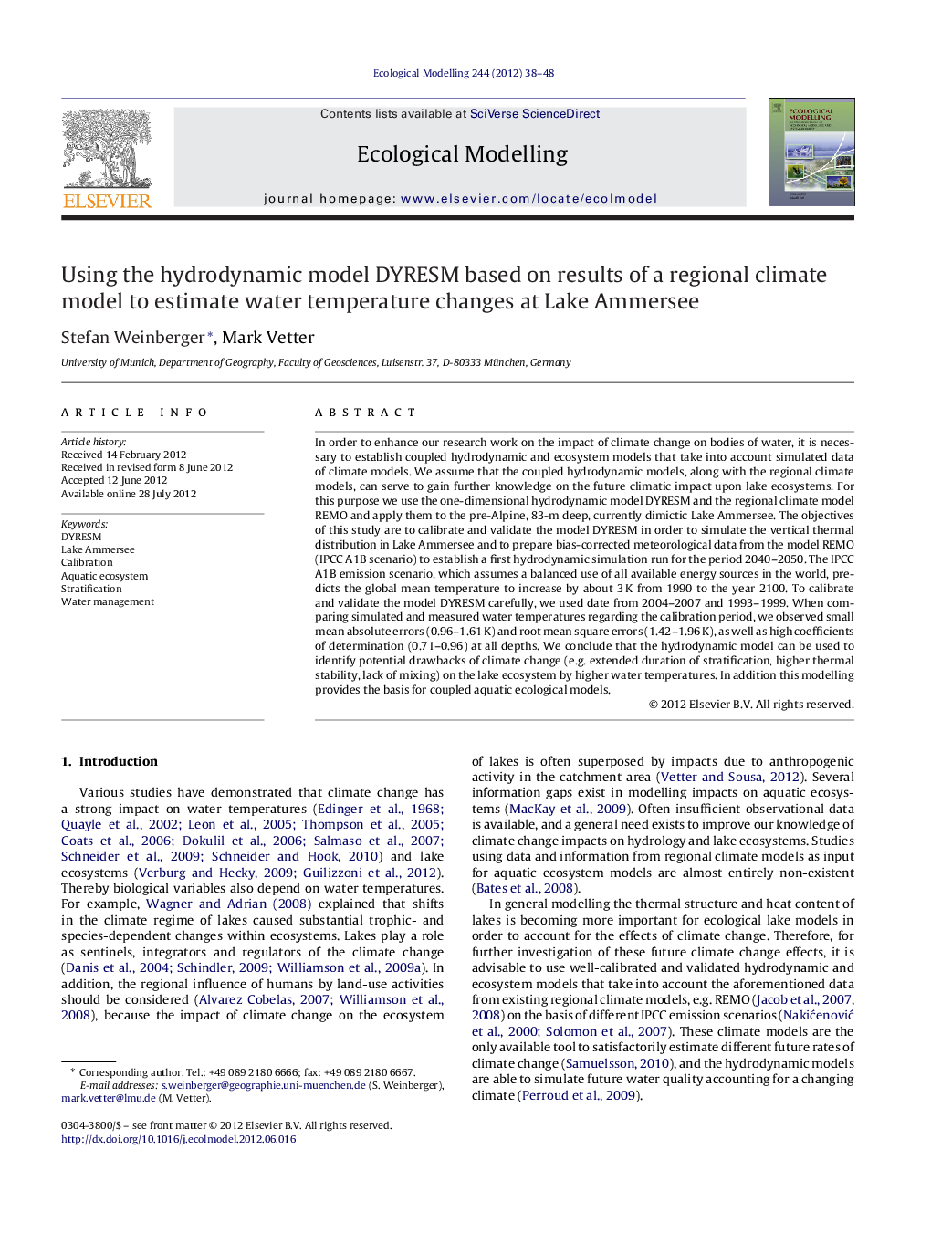 Using the hydrodynamic model DYRESM based on results of a regional climate model to estimate water temperature changes at Lake Ammersee