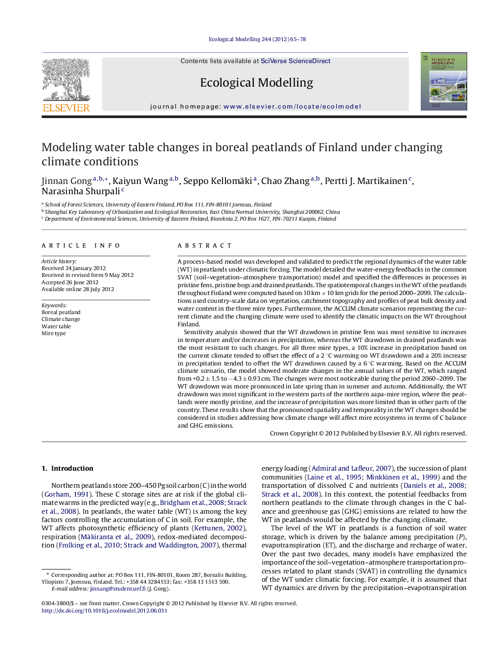 Modeling water table changes in boreal peatlands of Finland under changing climate conditions