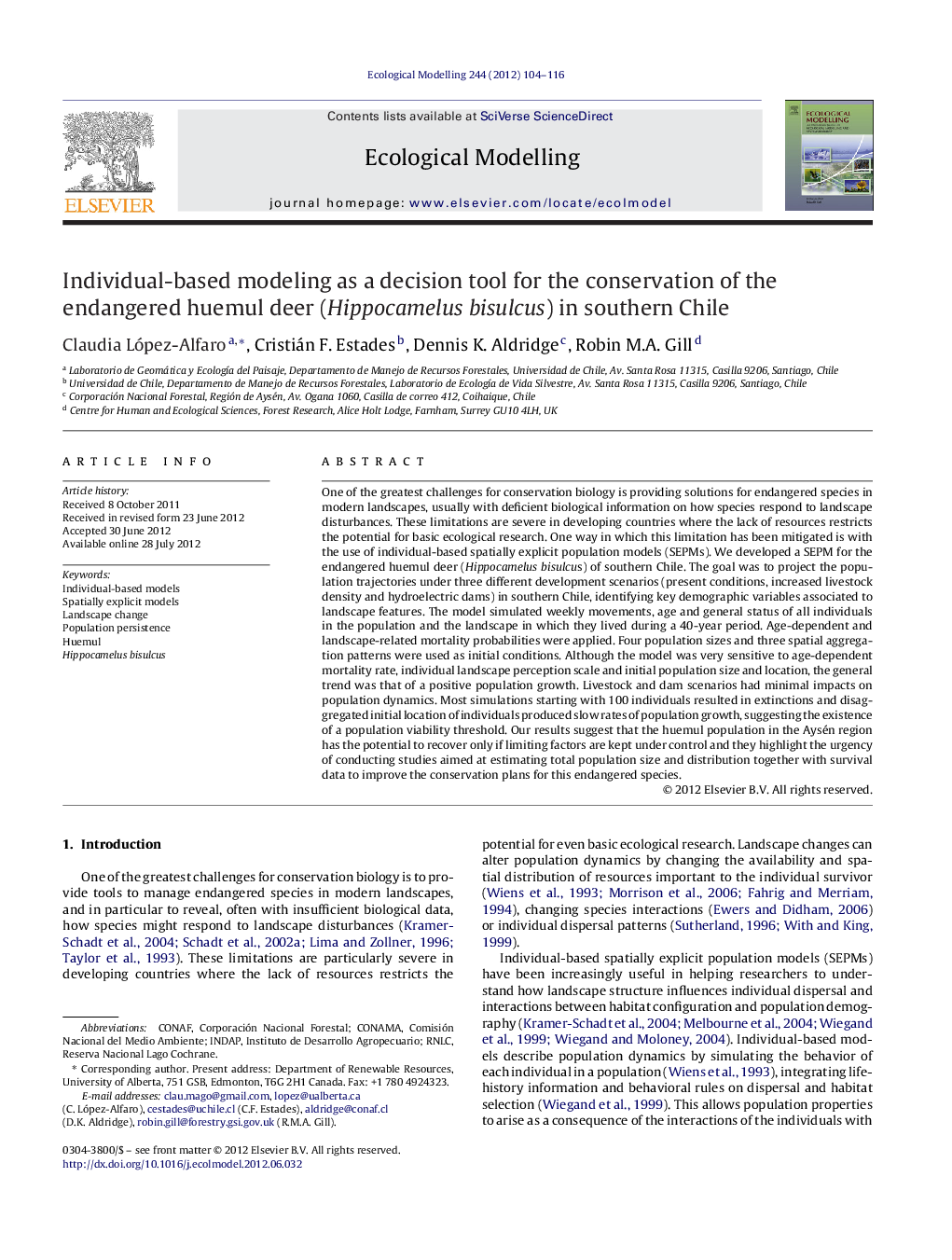 Individual-based modeling as a decision tool for the conservation of the endangered huemul deer (Hippocamelus bisulcus) in southern Chile