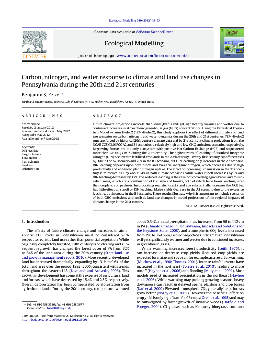 Carbon, nitrogen, and water response to climate and land use changes in Pennsylvania during the 20th and 21st centuries