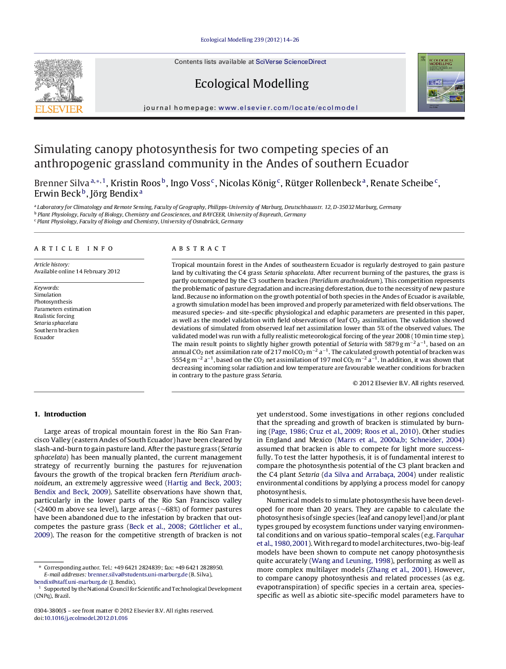 Simulating canopy photosynthesis for two competing species of an anthropogenic grassland community in the Andes of southern Ecuador