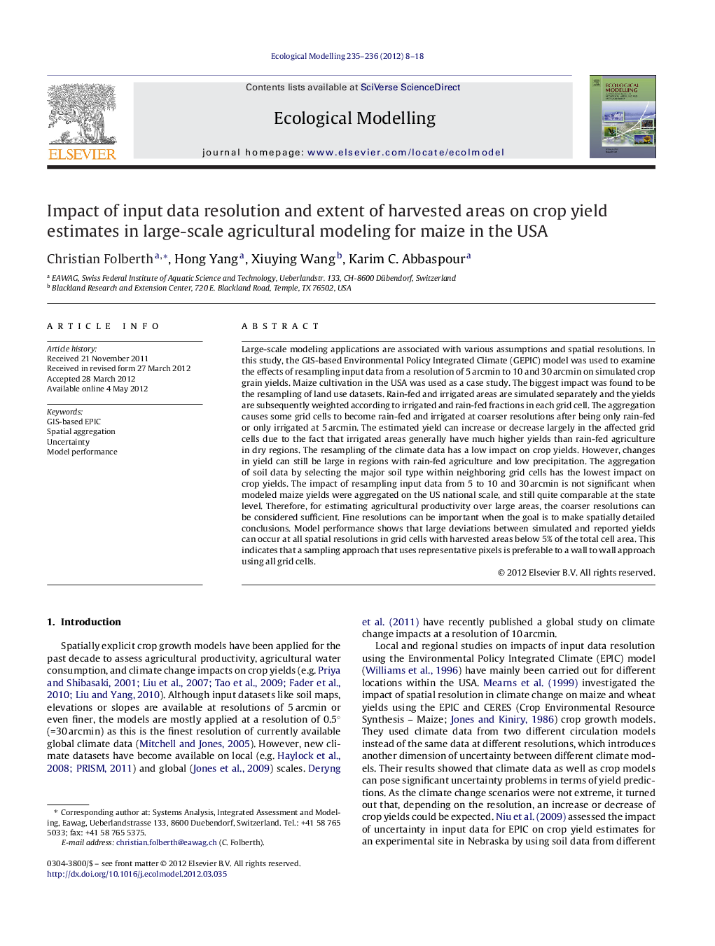 Impact of input data resolution and extent of harvested areas on crop yield estimates in large-scale agricultural modeling for maize in the USA