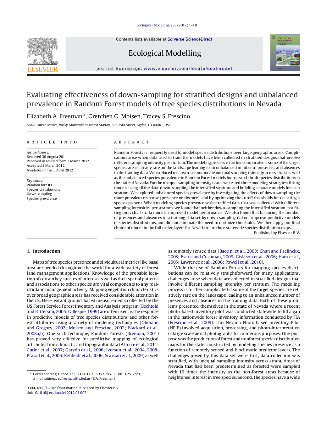 Evaluating effectiveness of down-sampling for stratified designs and unbalanced prevalence in Random Forest models of tree species distributions in Nevada