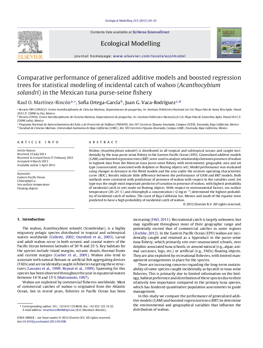 Comparative performance of generalized additive models and boosted regression trees for statistical modeling of incidental catch of wahoo (Acanthocybium solandri) in the Mexican tuna purse-seine fishery