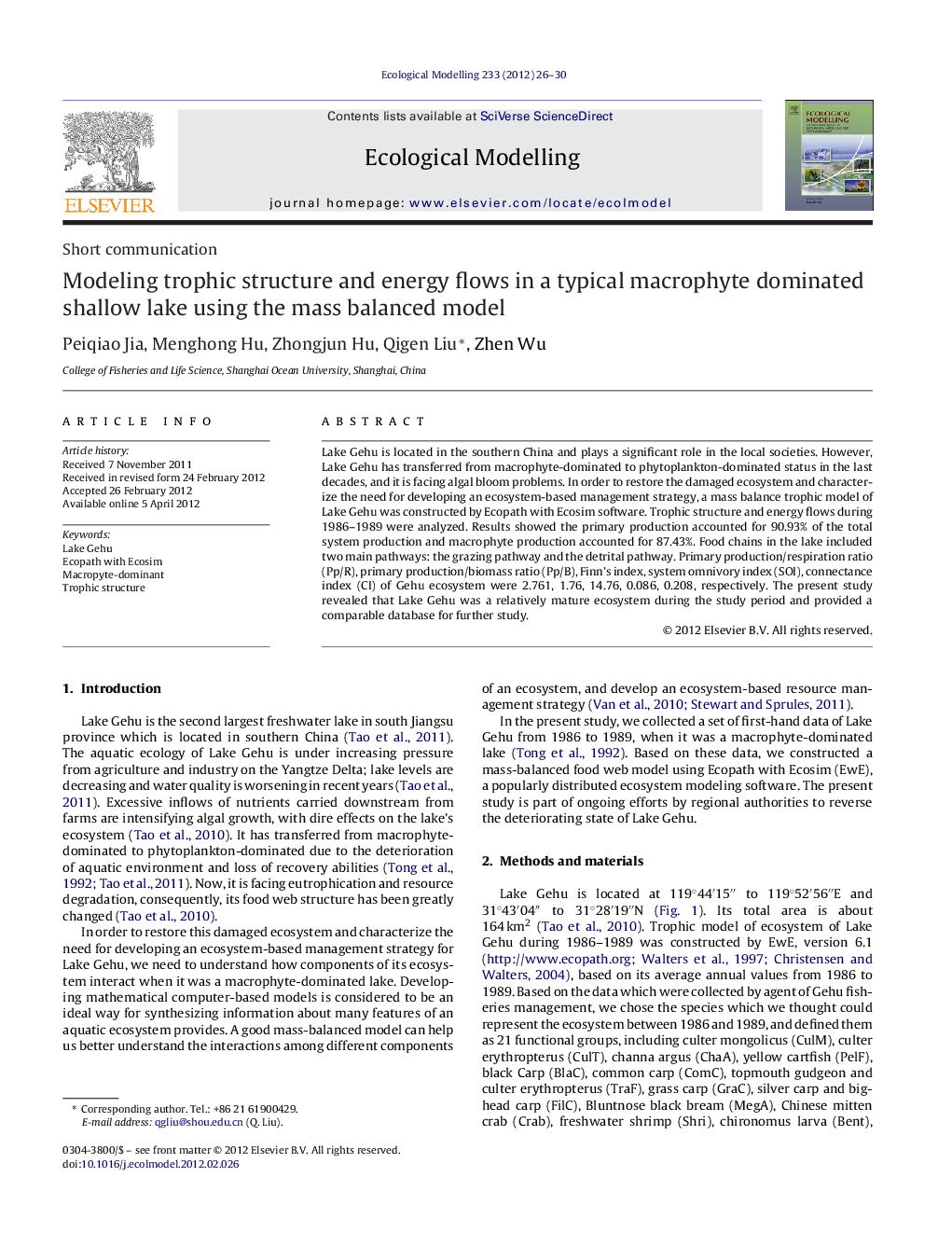 Modeling trophic structure and energy flows in a typical macrophyte dominated shallow lake using the mass balanced model