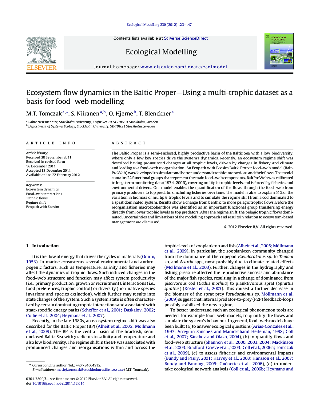 Ecosystem flow dynamics in the Baltic Proper-Using a multi-trophic dataset as a basis for food-web modelling