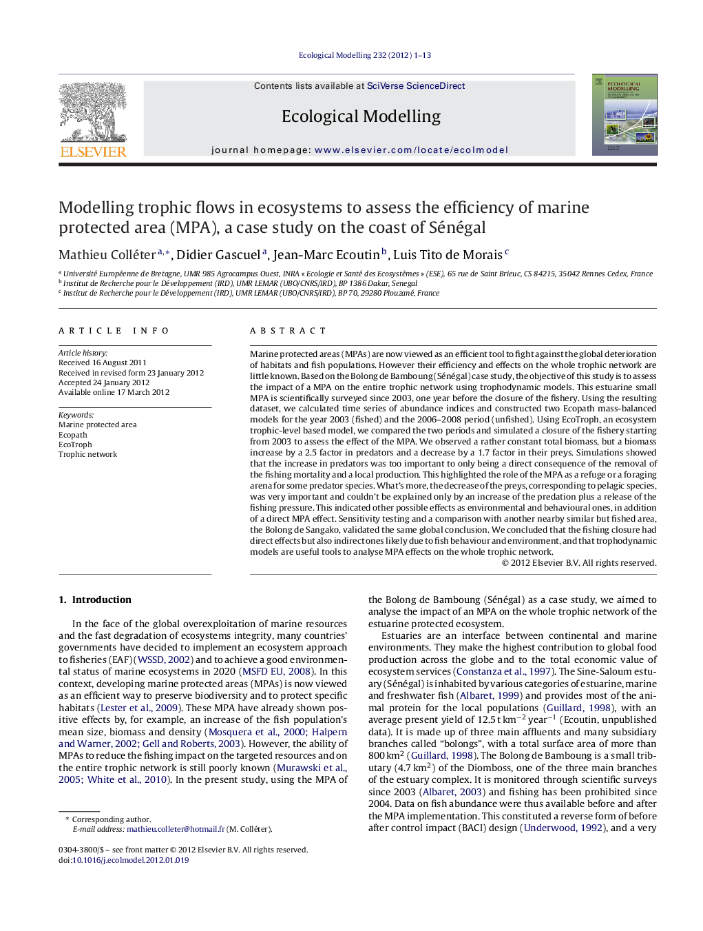 Modelling trophic flows in ecosystems to assess the efficiency of marine protected area (MPA), a case study on the coast of Sénégal