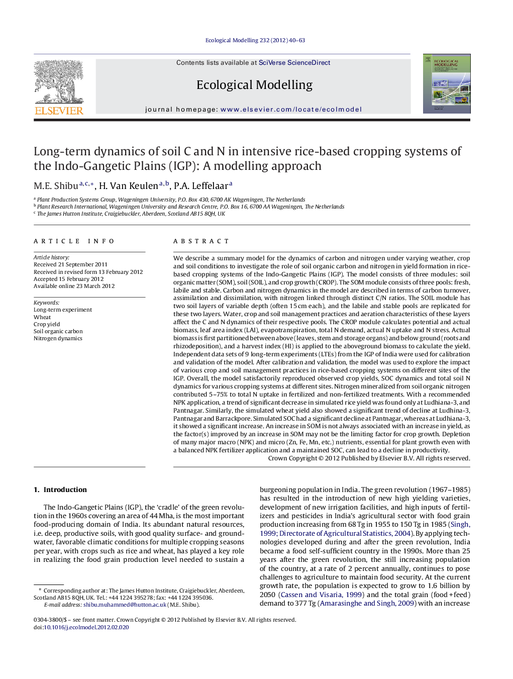 Long-term dynamics of soil C and N in intensive rice-based cropping systems of the Indo-Gangetic Plains (IGP): A modelling approach