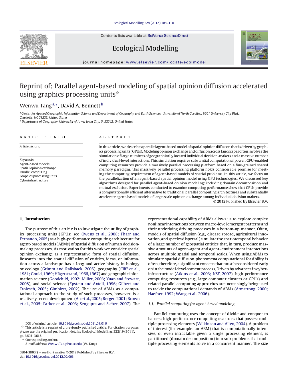 Reprint of: Parallel agent-based modeling of spatial opinion diffusion accelerated using graphics processing units 