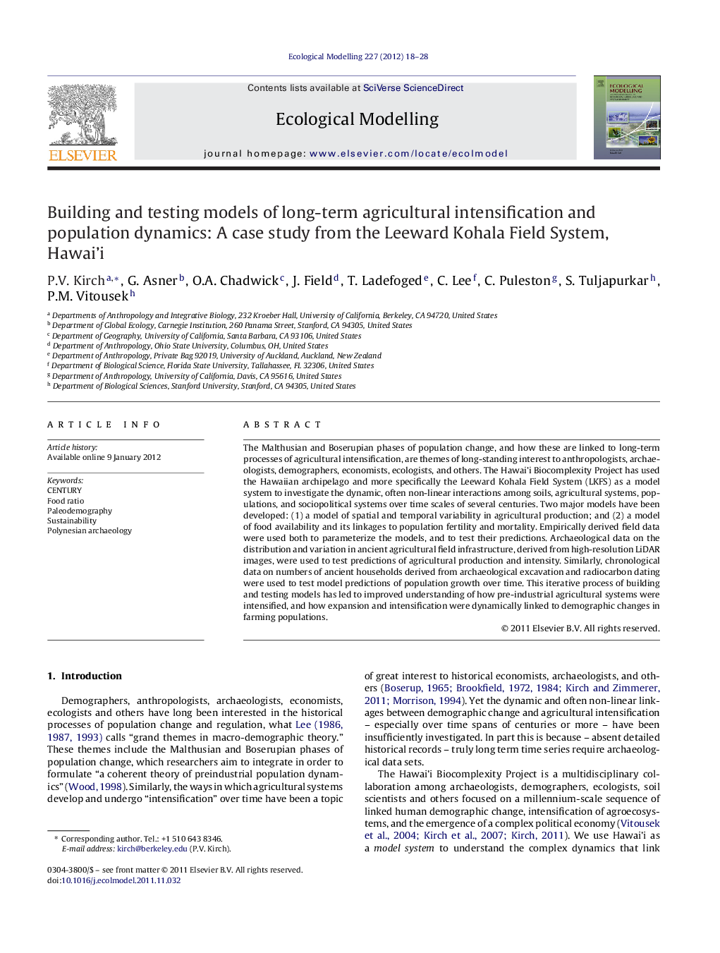 Building and testing models of long-term agricultural intensification and population dynamics: A case study from the Leeward Kohala Field System, Hawai’i