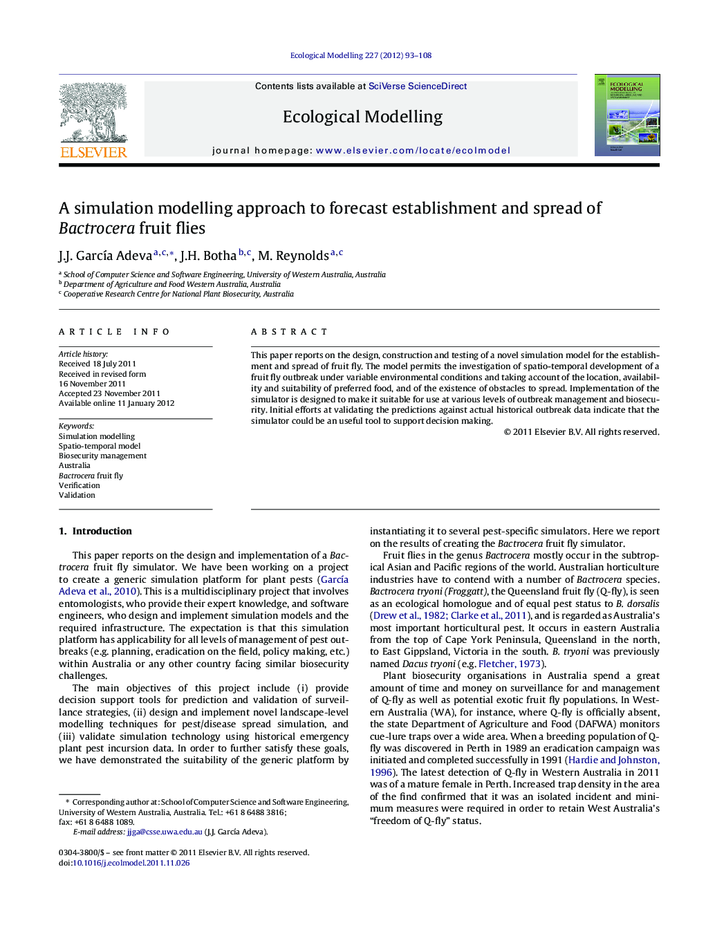 A simulation modelling approach to forecast establishment and spread of Bactrocera fruit flies