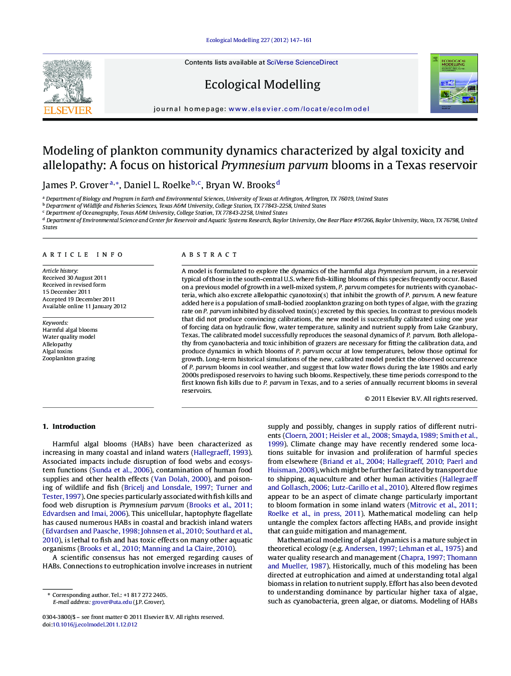 Modeling of plankton community dynamics characterized by algal toxicity and allelopathy: A focus on historical Prymnesium parvum blooms in a Texas reservoir