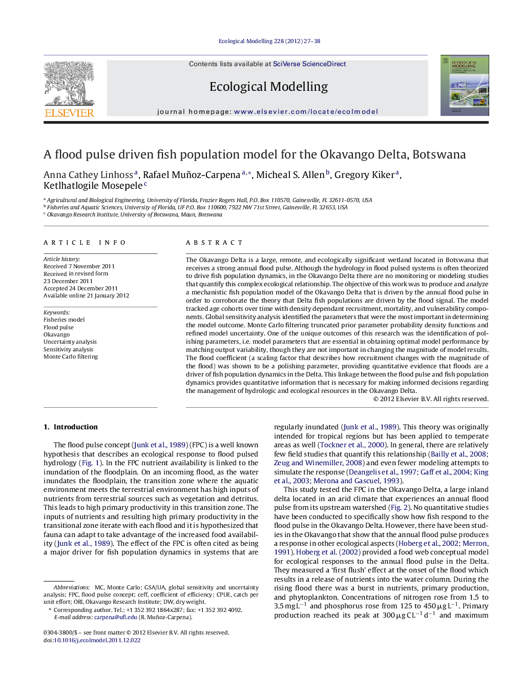 A flood pulse driven fish population model for the Okavango Delta, Botswana