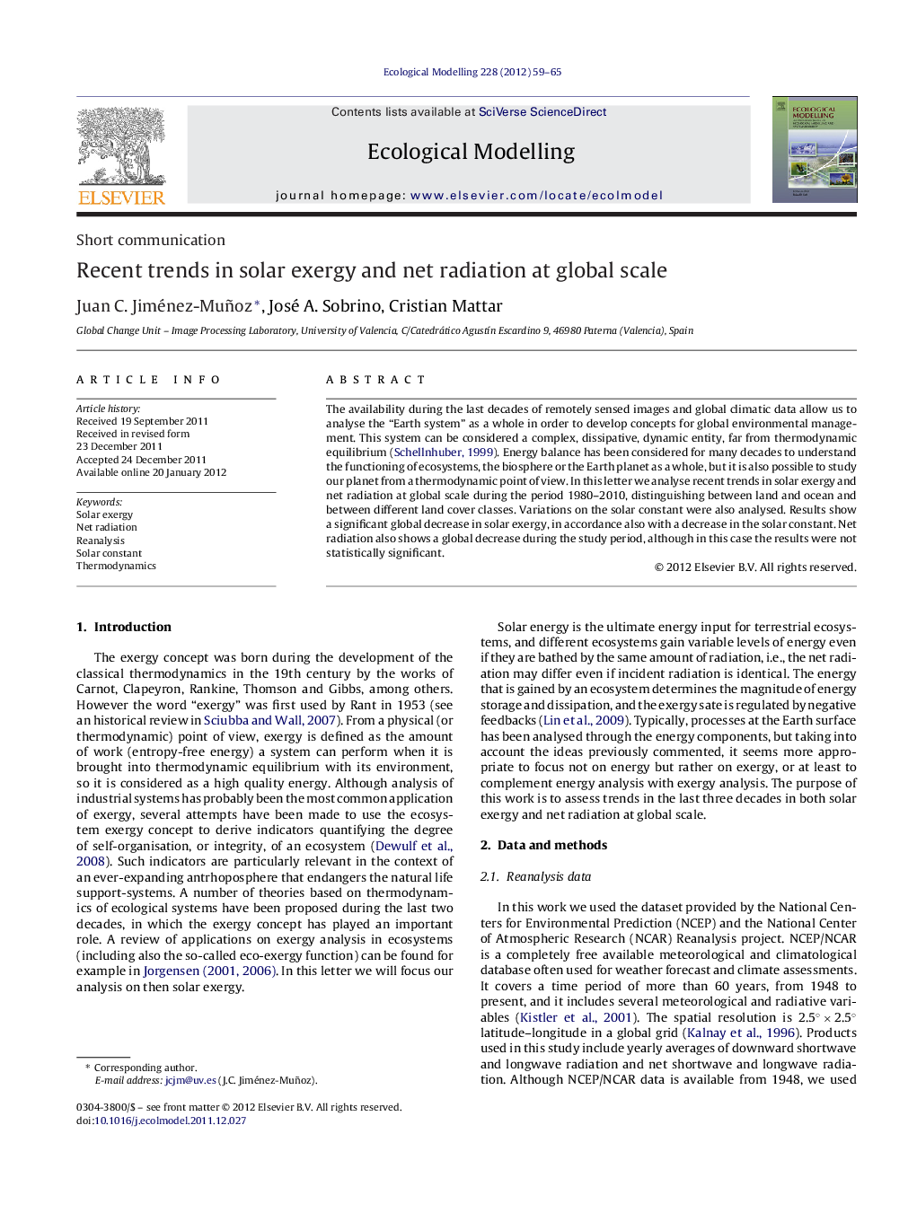 Recent trends in solar exergy and net radiation at global scale