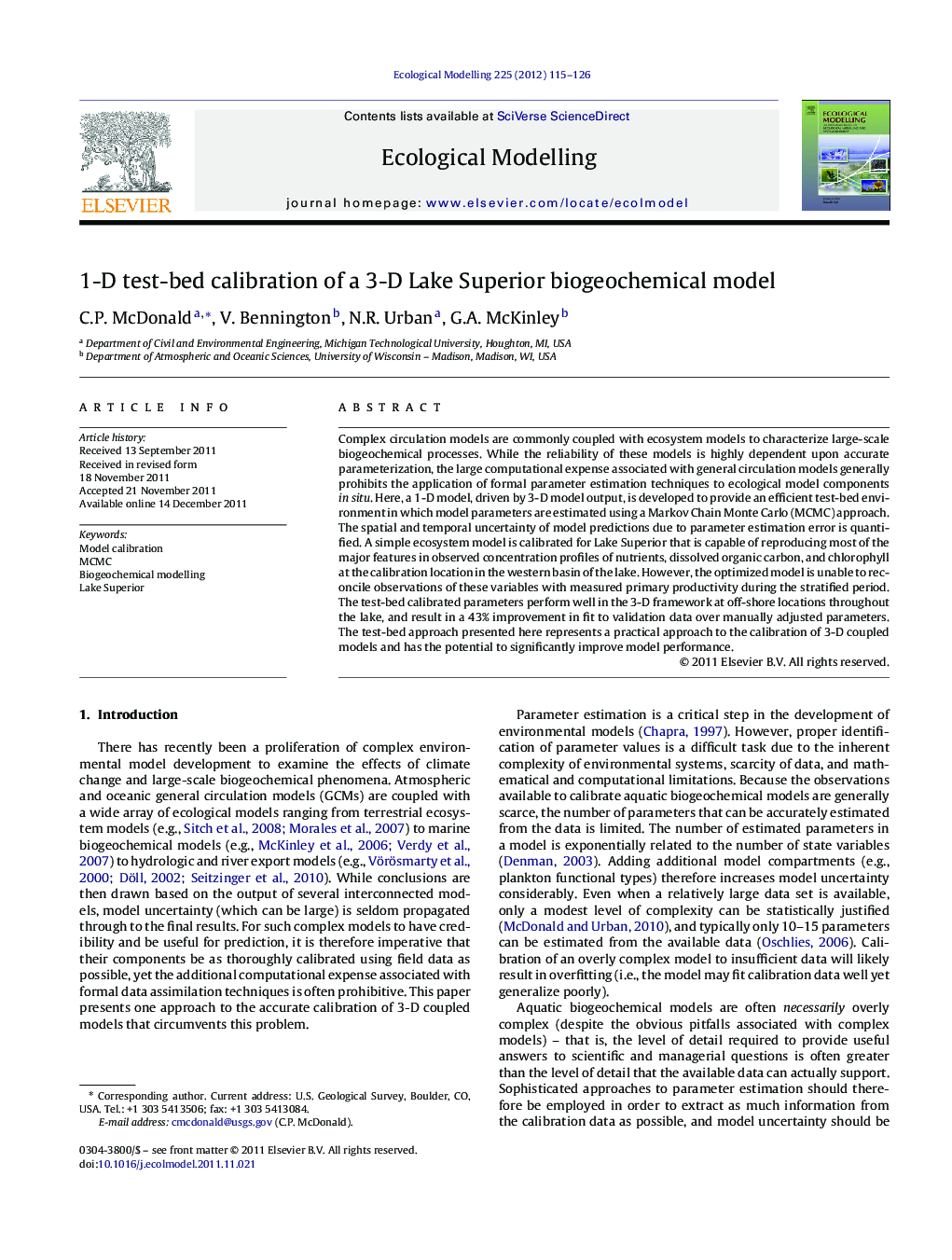 1-D test-bed calibration of a 3-D Lake Superior biogeochemical model