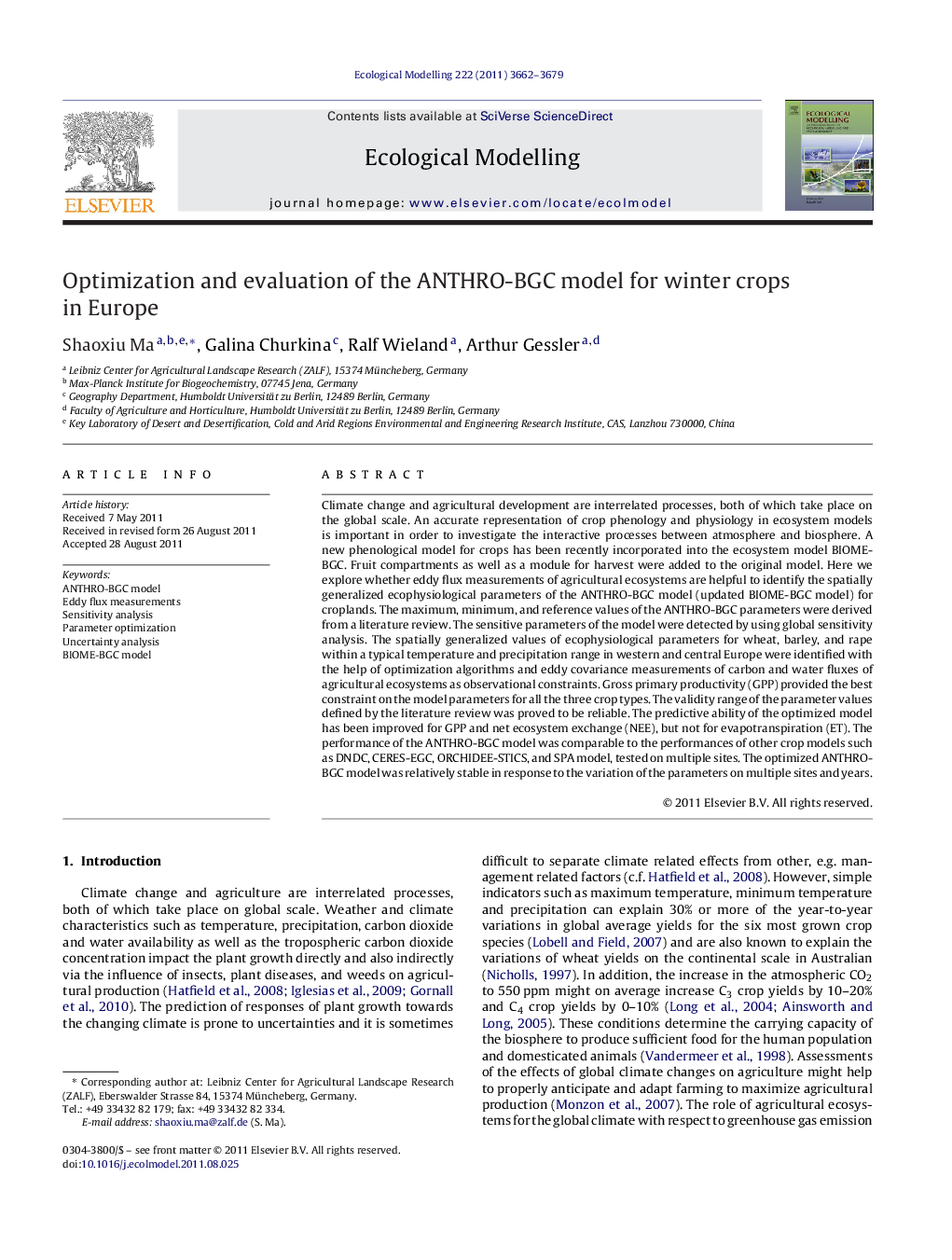 Optimization and evaluation of the ANTHRO-BGC model for winter crops in Europe