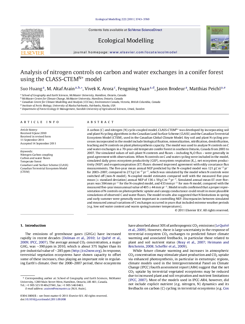 Analysis of nitrogen controls on carbon and water exchanges in a conifer forest using the CLASS-CTEMN+ model