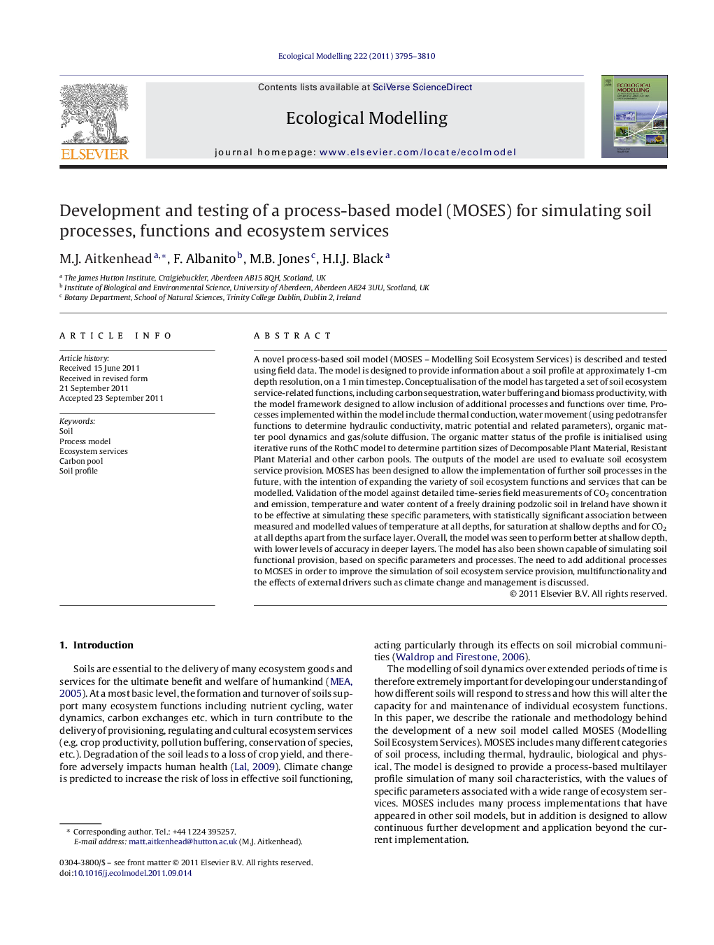 Development and testing of a process-based model (MOSES) for simulating soil processes, functions and ecosystem services