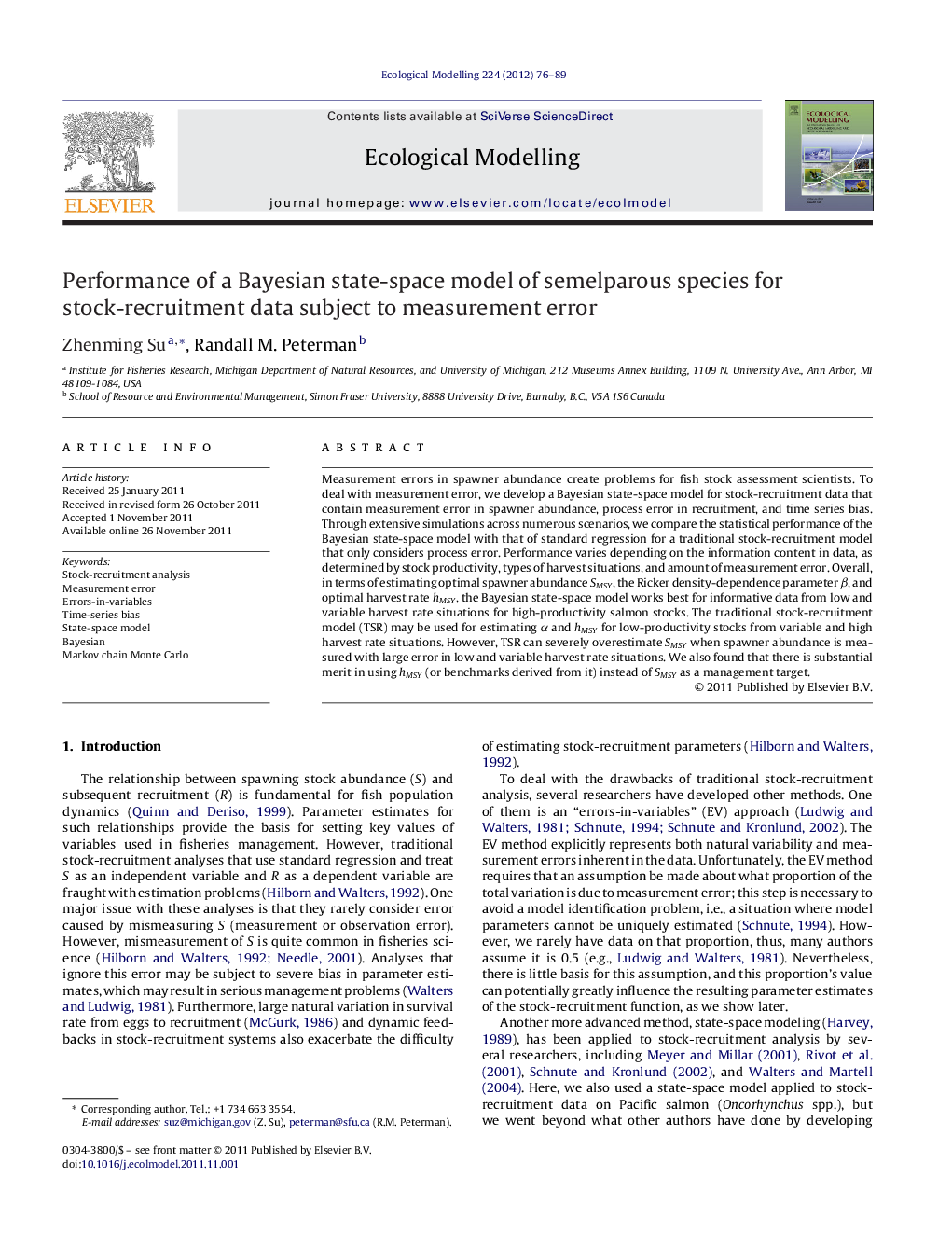 Performance of a Bayesian state-space model of semelparous species for stock-recruitment data subject to measurement error