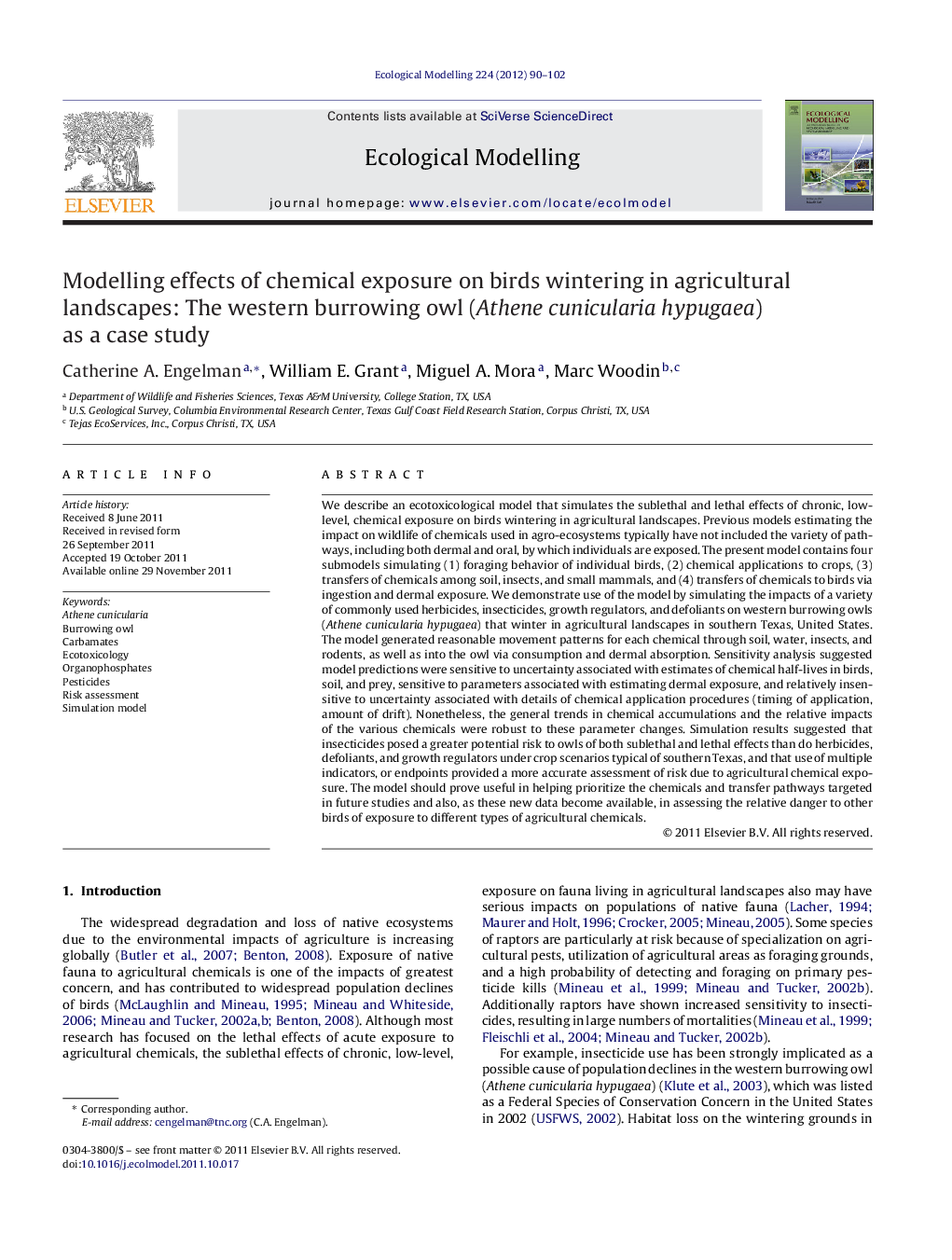 Modelling effects of chemical exposure on birds wintering in agricultural landscapes: The western burrowing owl (Athene cunicularia hypugaea) as a case study