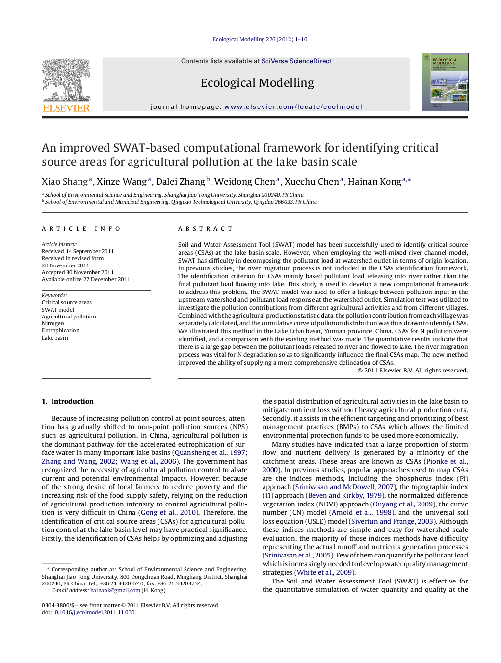 An improved SWAT-based computational framework for identifying critical source areas for agricultural pollution at the lake basin scale