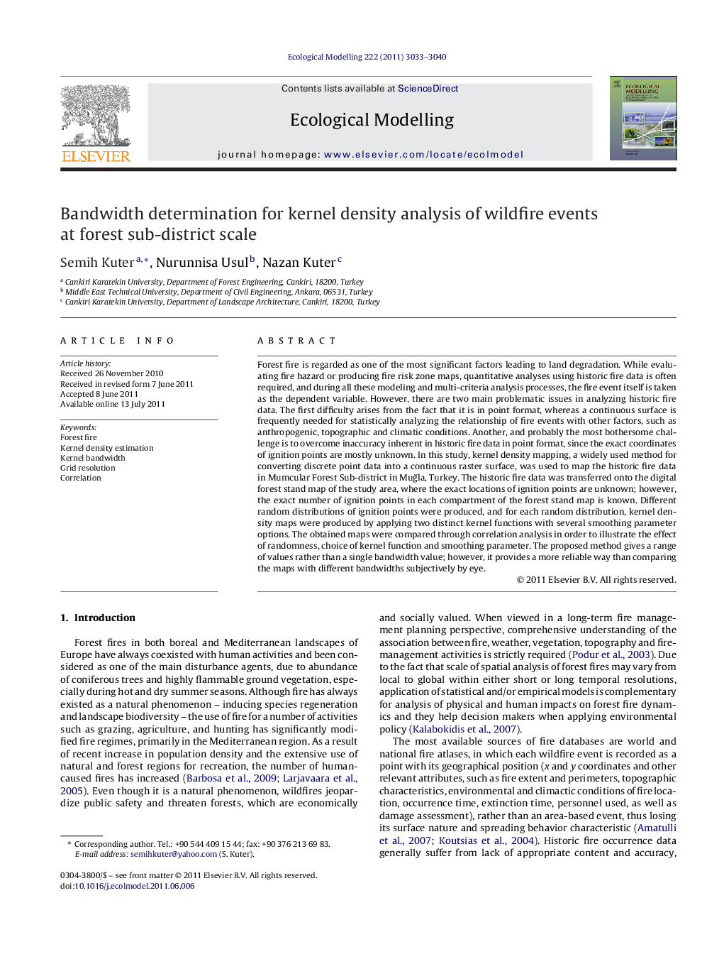 Bandwidth determination for kernel density analysis of wildfire events at forest sub-district scale