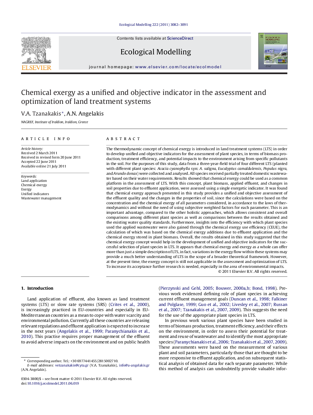 Chemical exergy as a unified and objective indicator in the assessment and optimization of land treatment systems