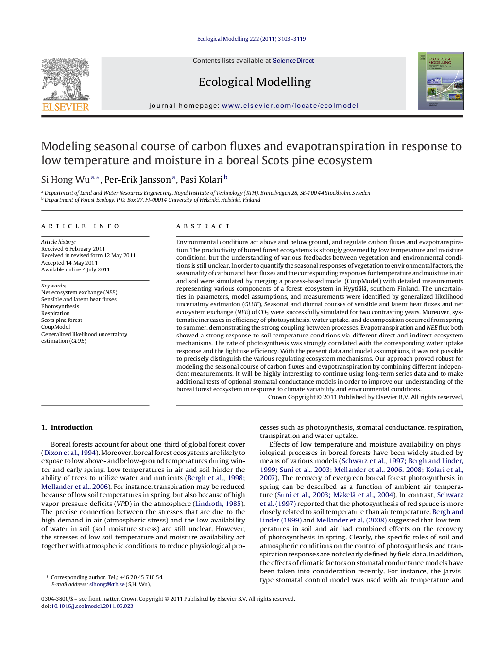 Modeling seasonal course of carbon fluxes and evapotranspiration in response to low temperature and moisture in a boreal Scots pine ecosystem