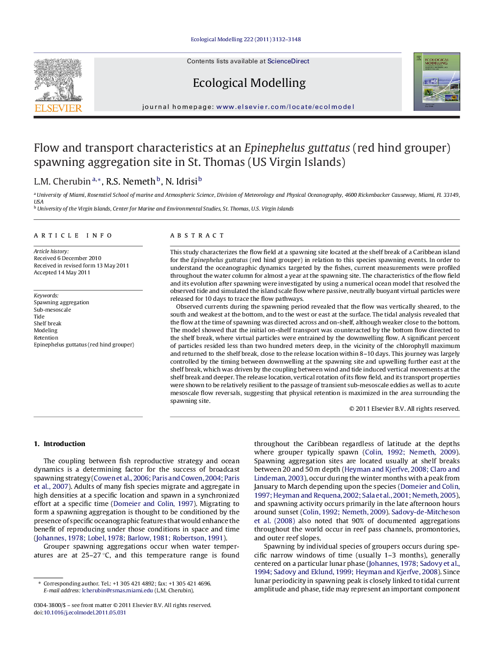 Flow and transport characteristics at an Epinephelus guttatus (red hind grouper) spawning aggregation site in St. Thomas (US Virgin Islands)