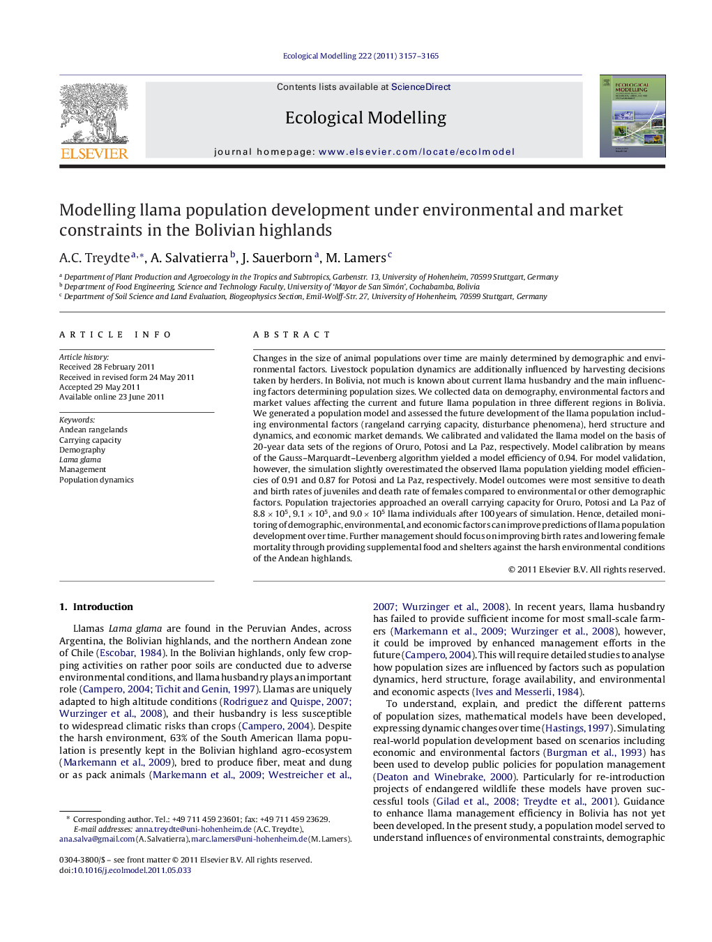 Modelling llama population development under environmental and market constraints in the Bolivian highlands