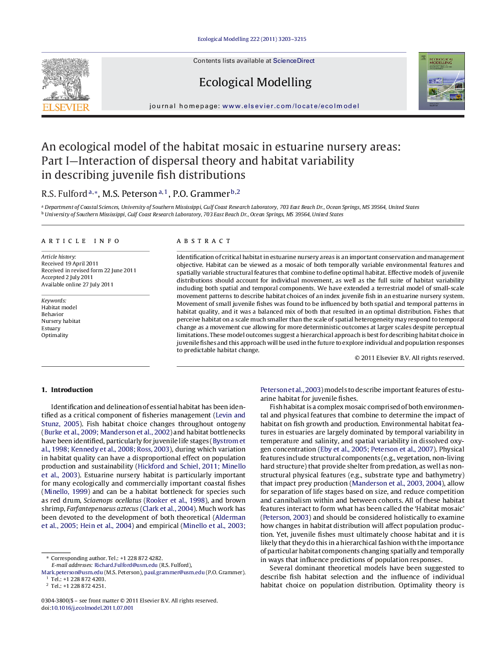 An ecological model of the habitat mosaic in estuarine nursery areas: Part I-Interaction of dispersal theory and habitat variability in describing juvenile fish distributions