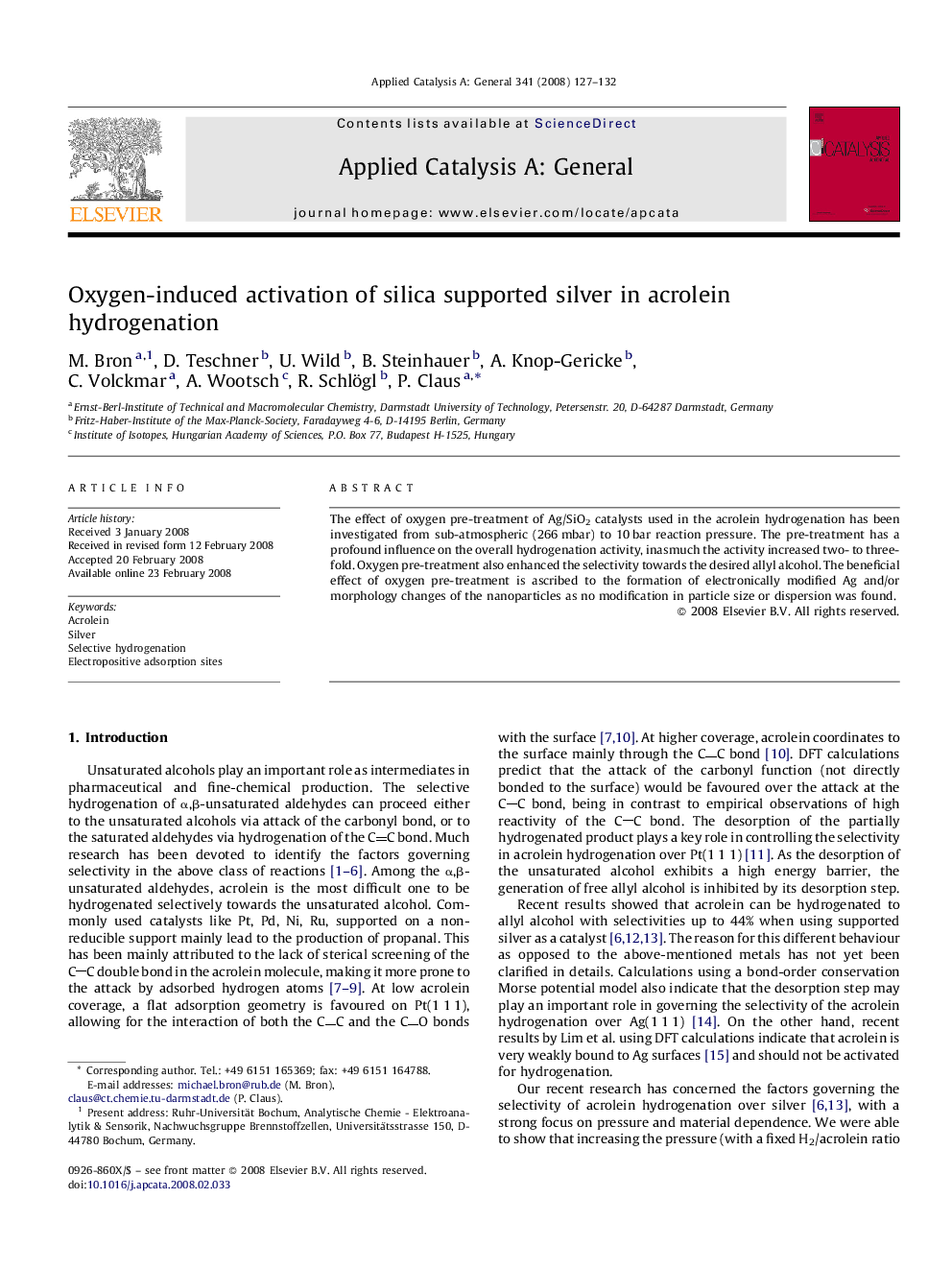 Oxygen-induced activation of silica supported silver in acrolein hydrogenation