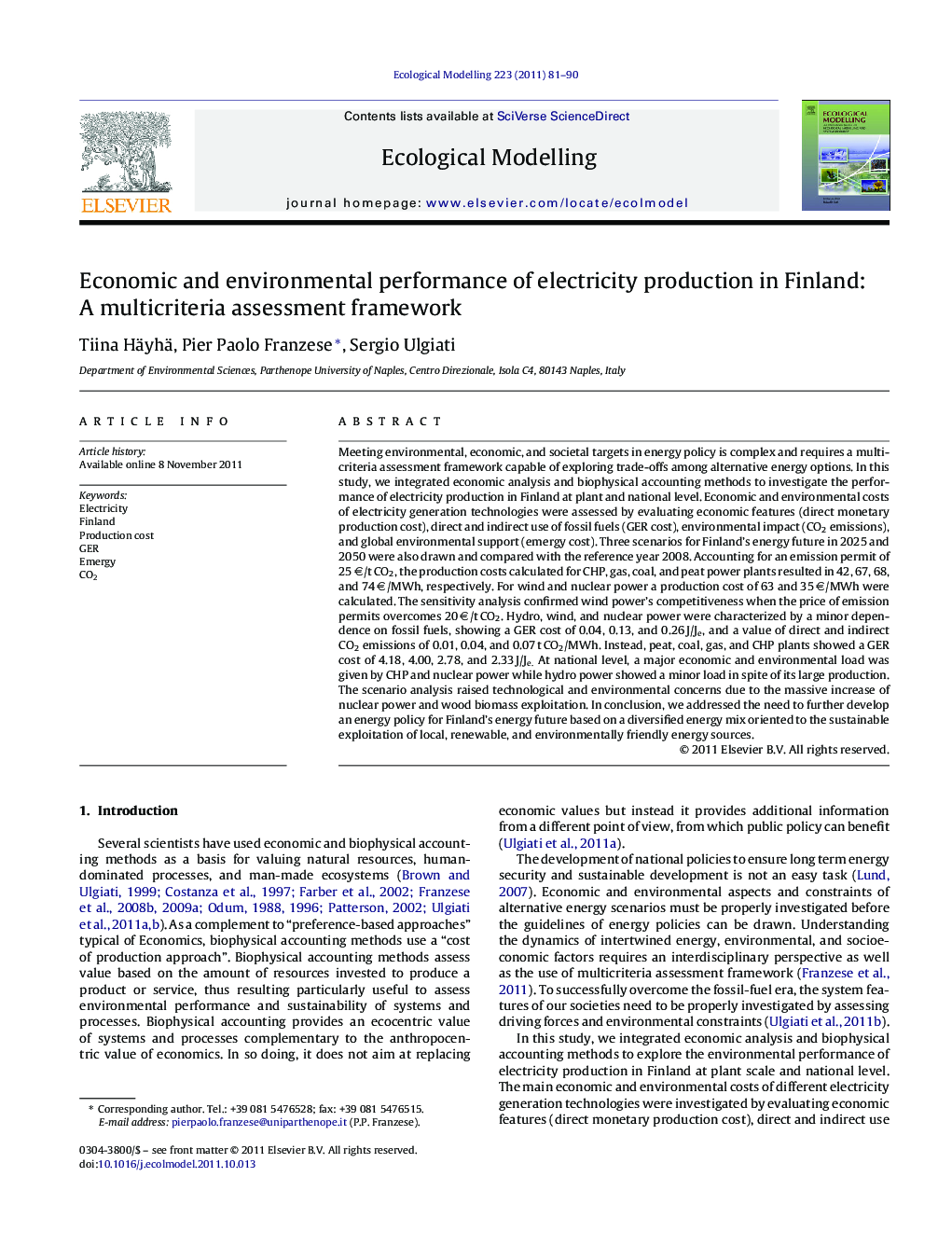 Economic and environmental performance of electricity production in Finland: A multicriteria assessment framework