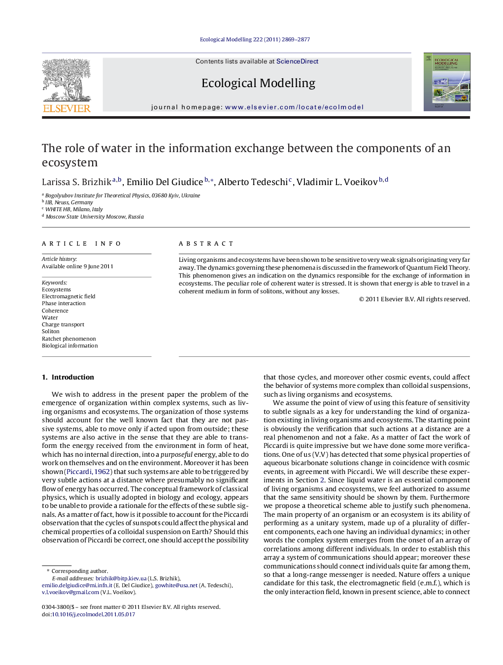 The role of water in the information exchange between the components of an ecosystem