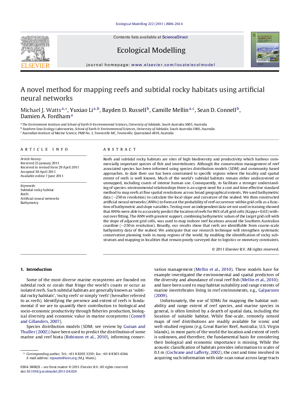 A novel method for mapping reefs and subtidal rocky habitats using artificial neural networks